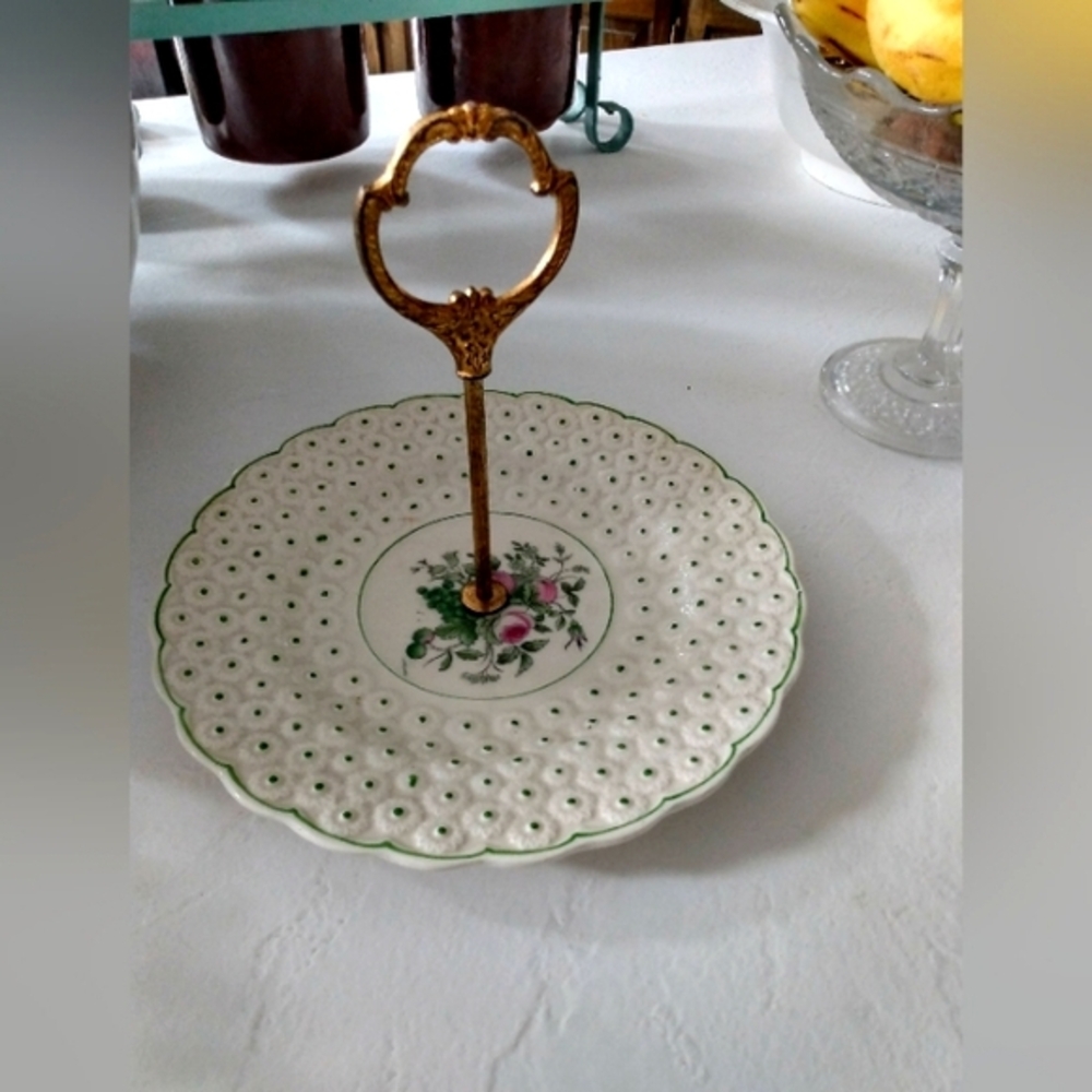 Antique Brass-handled Round Ceramic Serving Dish (Bridal Shower Gift!)
